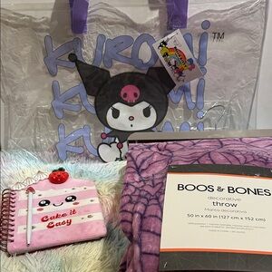 Hello Kitty KUROMI Bag & Boos & Bones Purple Decorative Throw with Book & Pin